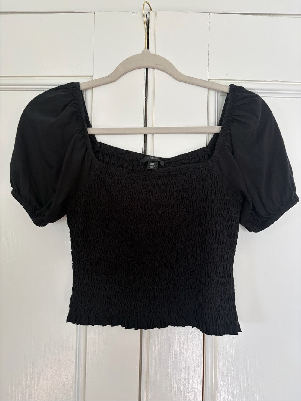 J. Crew Black Smocked Puff-Sleeve Crop Top